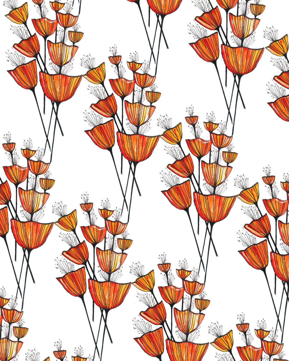 Orange Bunch of Flowers Pattern 8x10" Print Unframed