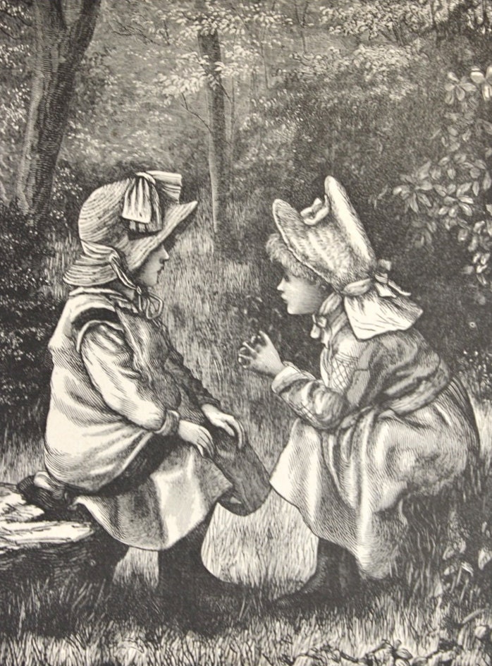 Vintage 1880's Illustration, Childrens Storybook Book Print- Two Girls Sitting Together, Friends