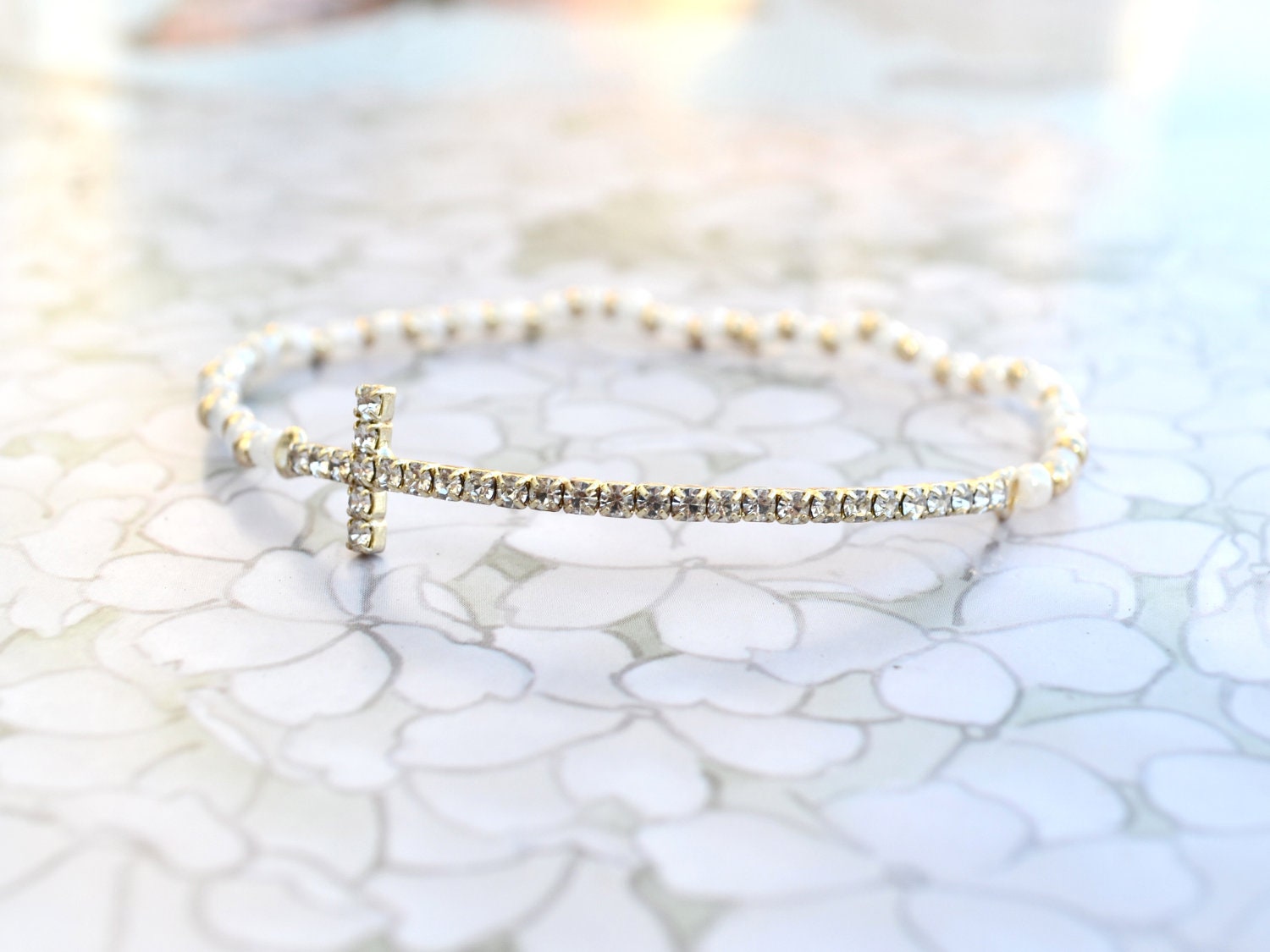 SALE- Rhinestone Sideways Cross Bracelet - Pearl