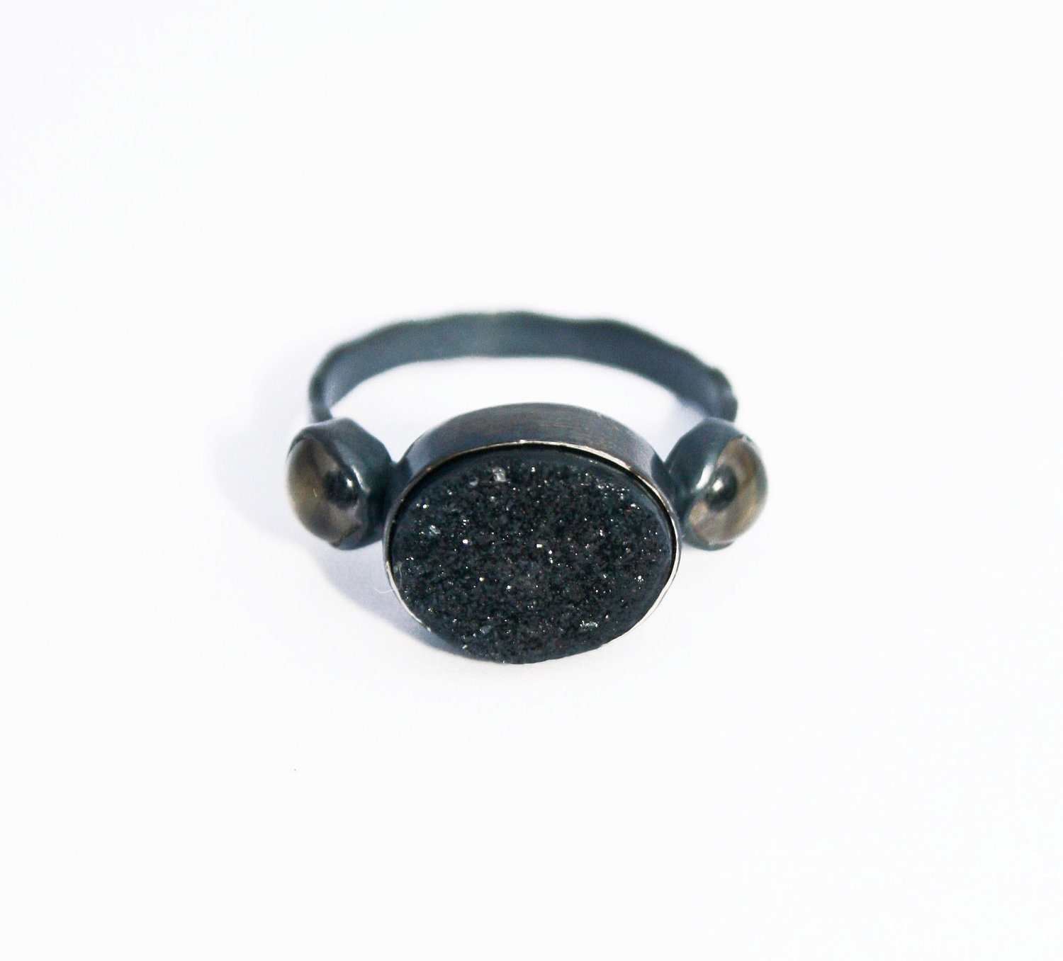 Druzy Evil Eye Ring, Sterling Silver, Black Druzy Stone, Green Taxidermy Eye Ring, Bezel Set