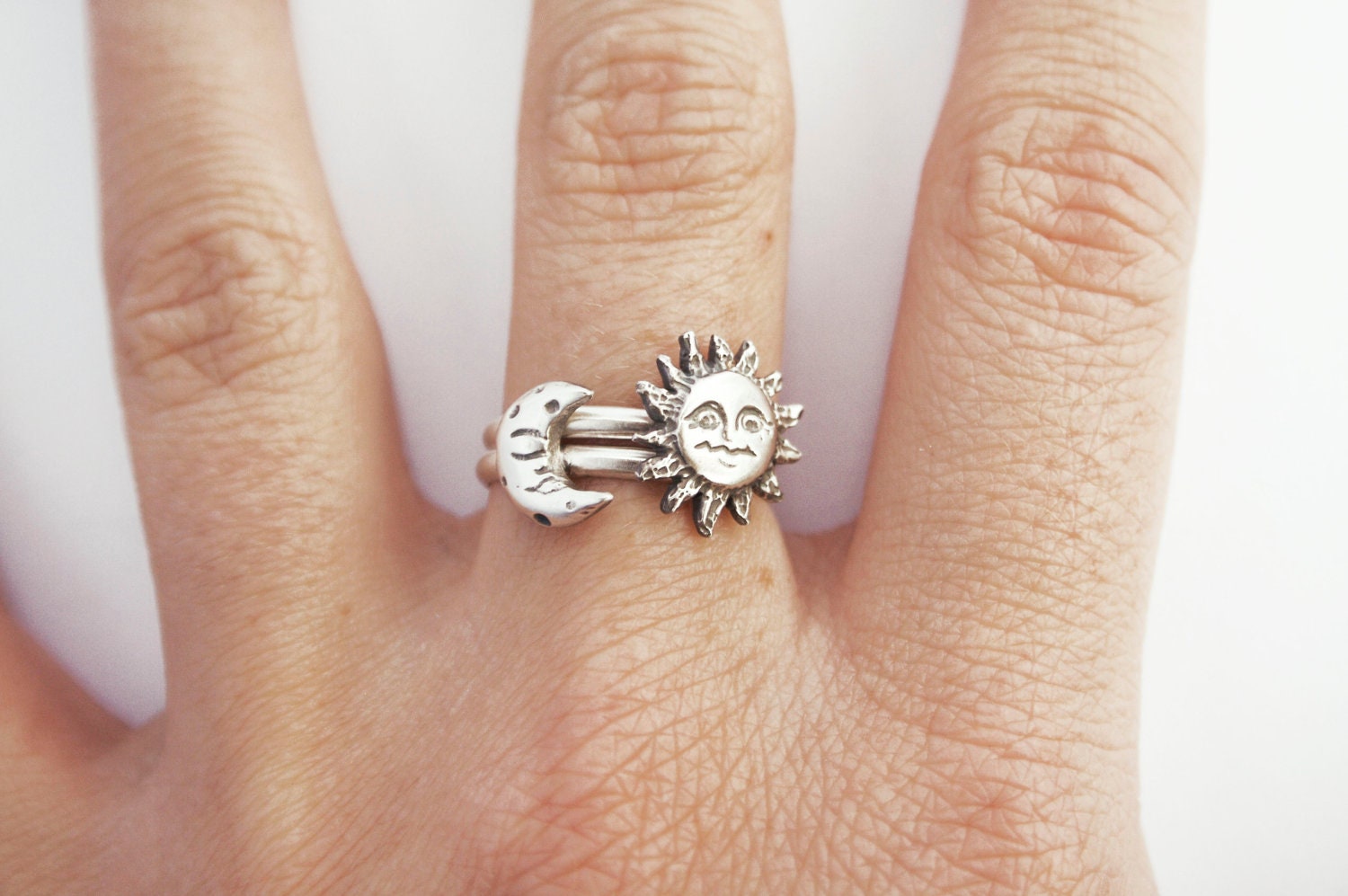 Sun and Moon Stacking Ring, Set of Two Sterling Silver Rings, Gift for Her, Casted Sun and Moon