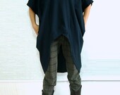 T Shirt Dress - Women Boho Deep Navy Blue Lagenlook Oversized Asymetrical Short Sleeved T Shirt Tunic Dress Plus Size Top