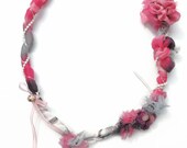Pink textile Necklace, fabric jewelry, Purple crochet flowers, Eco-friendly, fabric rose, Statement jewelry