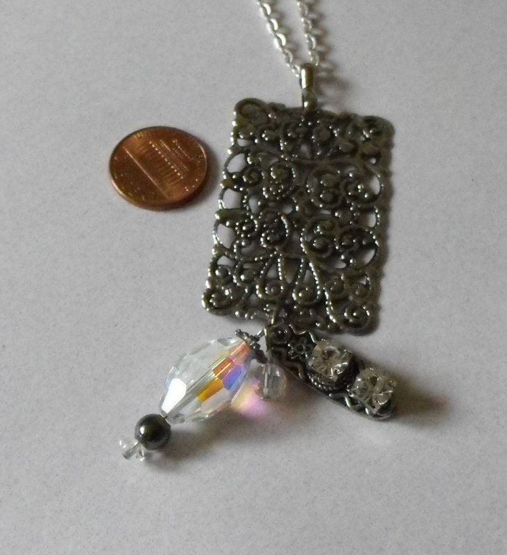 Long Pendant Necklace Large Filigree Crystals Rhinestones OOAK Repurposed Recycled Vintage Elements Bling