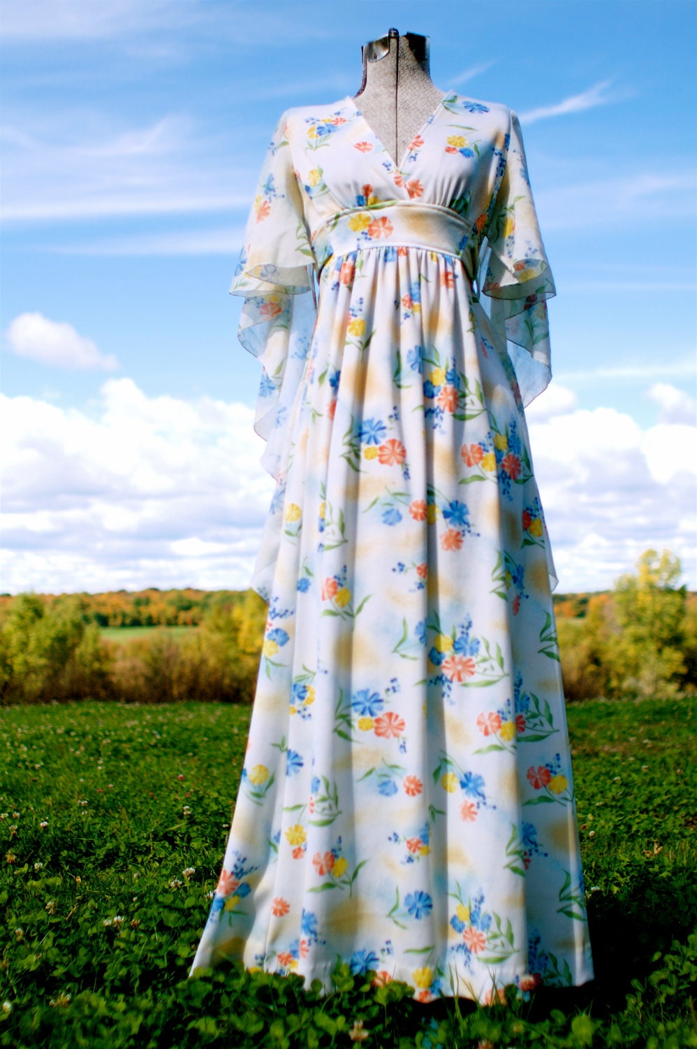 SALE - 1960s Floral Bohemian Hippie Maxi Dress/Alternative Wedding Gown with WINGS Empire Waist Size Small