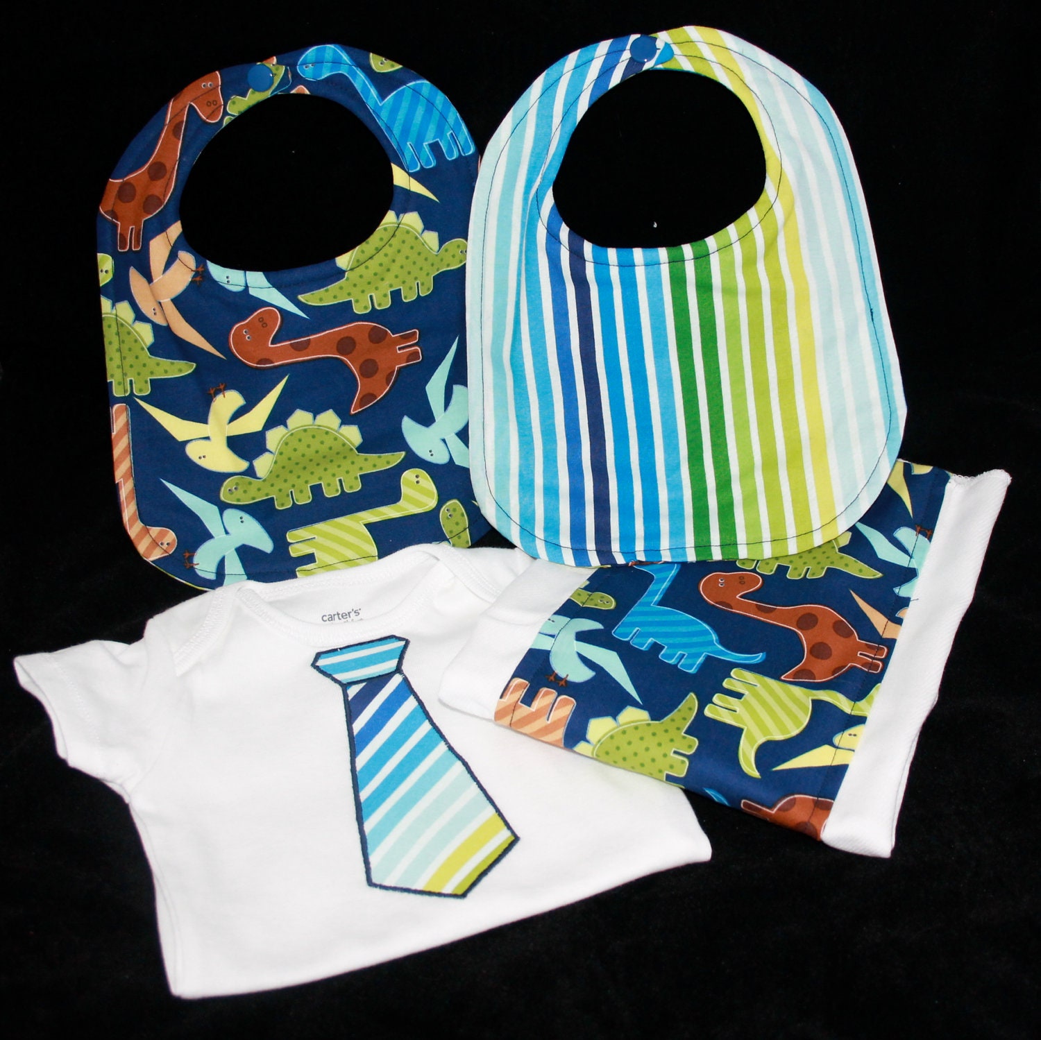 Dinosaur Baby Boy Gift Set - 1 burp cloth, 2 reversible bibs, 1 appliqued tie onesie