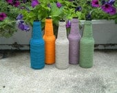 Upcycled yarn wrapped beer bottle - FALL COLORS - Orange, natural, mauve, turquoise, ivy green