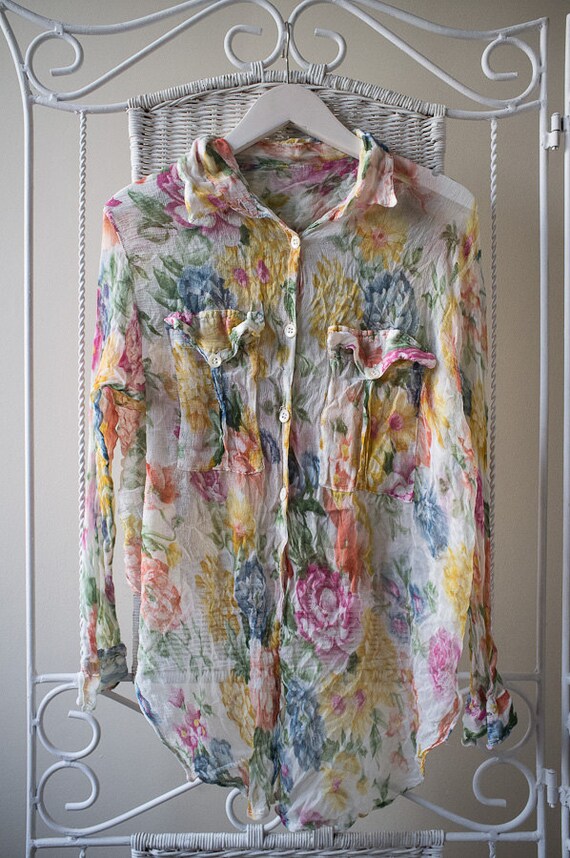 Colorful flowers transparent blouse shirt by VintageVanillaShop
