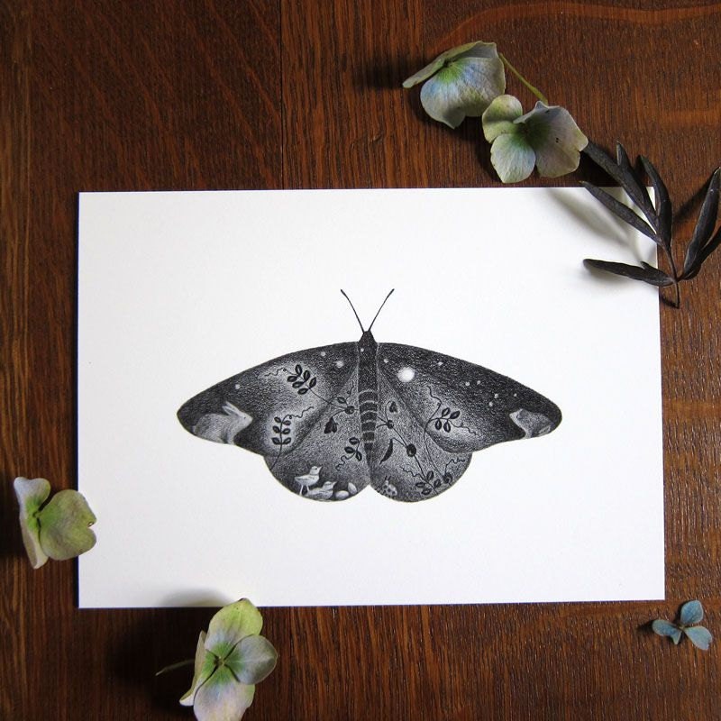 Monarch butterfly art - 5x7 print - Black and white
