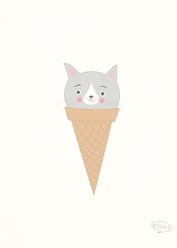 Grey Cat Illustration, Animal Wall Art Decor - 5x7 Print