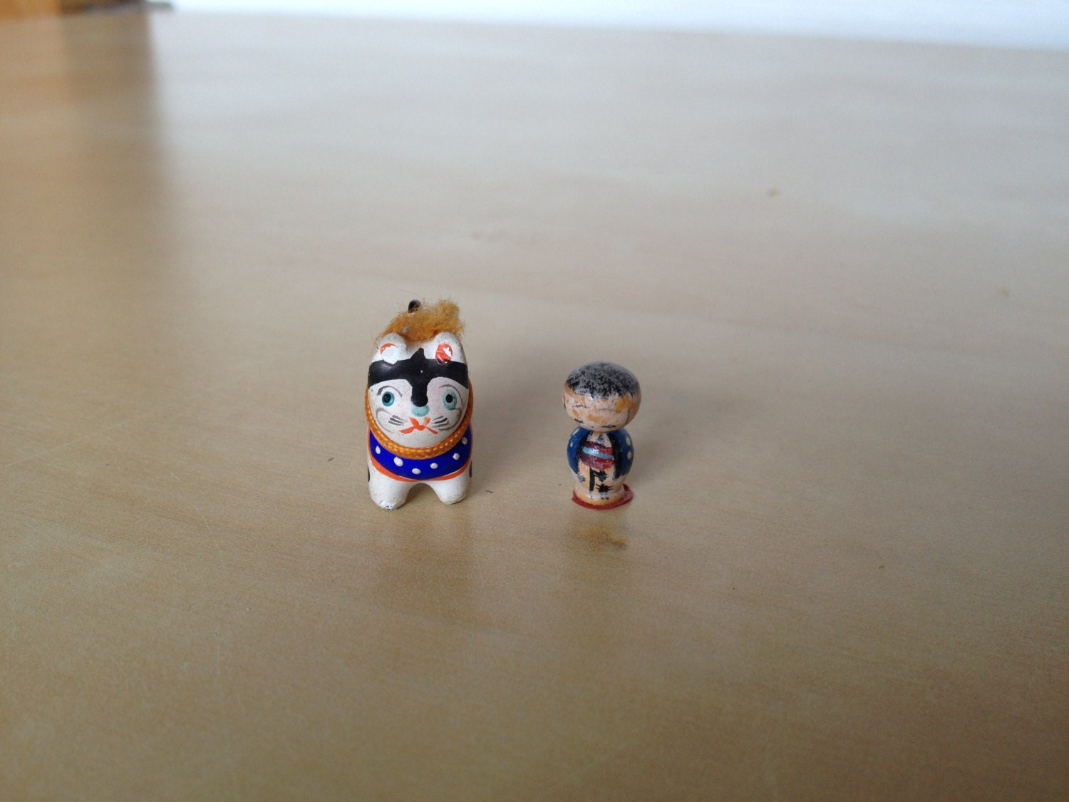 Miniature Japanese collectible vintage teeny tiny clay dog & wooden kokeshi