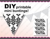 Printable Mini buntings Party Supply Black & White Damask images on 8,5 x 11" sheet triangular pennants DIY Digital Collage Sheet cf00006-1c