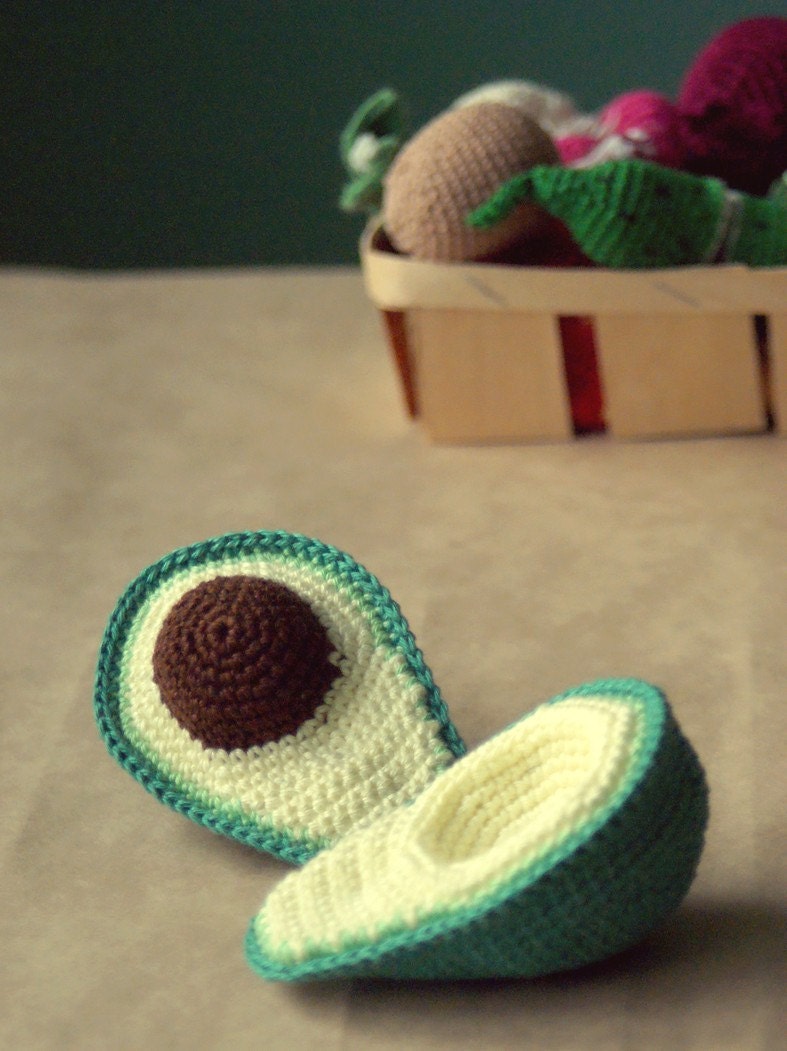 A crocheted avocado -  Crocheted toy food - Play kitchen. Safe and friendly children's games - YarnBallStories