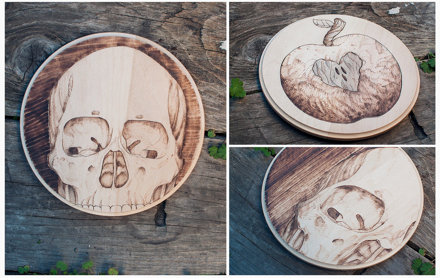 One of a Kind Alex Suelto Pyrography Woodburning Illustration Art (Set of 3: Skeleton Skull & Apple)