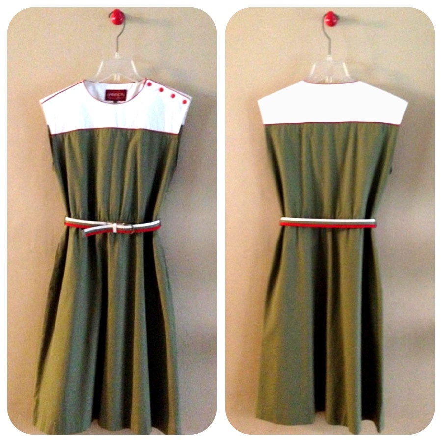 1970's Sasson Khaki Green Belted Dress