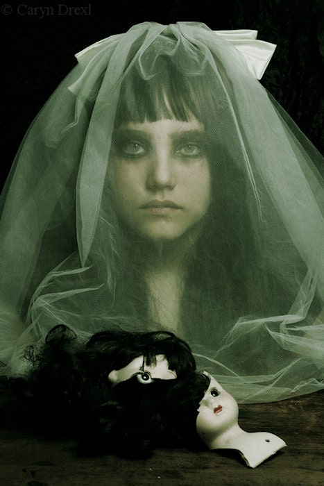 End of Childlike Things - FREE SHIPPING Print Green Yellow Black Dark Bride Broken Doll Veil Face Girl Portrait Eyes Surreal Creepy