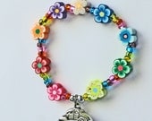 Peace Loving Hippy Slug Bug Car Charm Bracelet with Flower Power Colorful Rainbow Flower beads Slug bug silver no slug backs