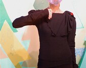 black sweater --epaulette detail with red button, draped collar, super long sleeves, warm and fancy.