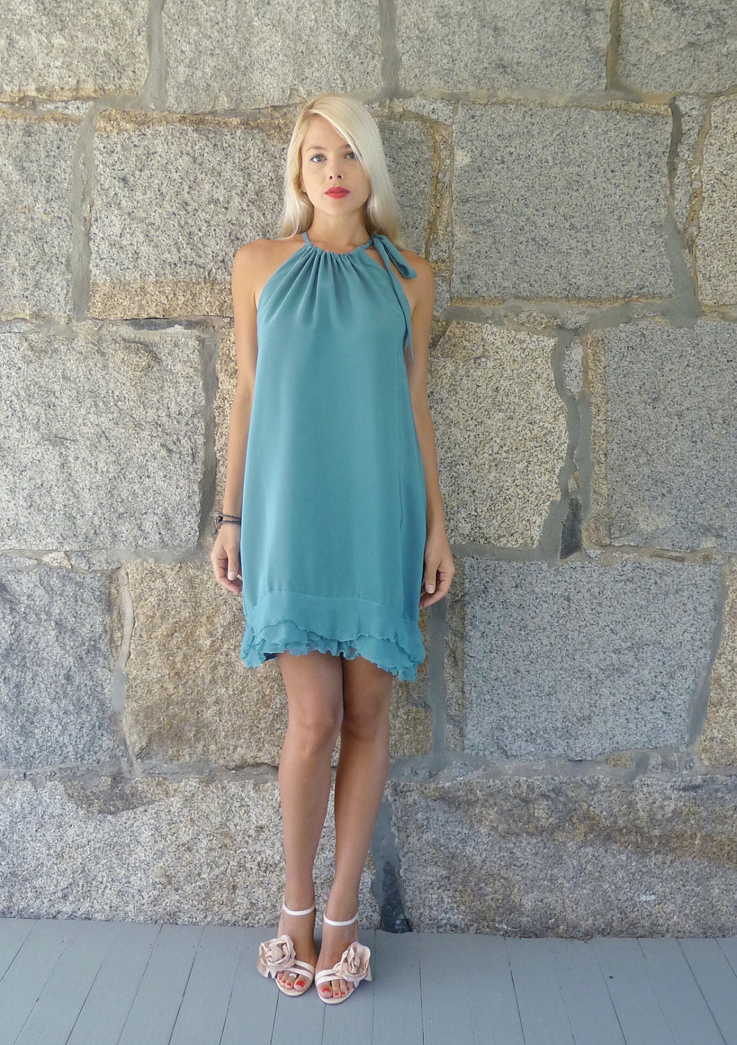 Ludivine: Teal A-line halter bridesmaid dress with ruffles