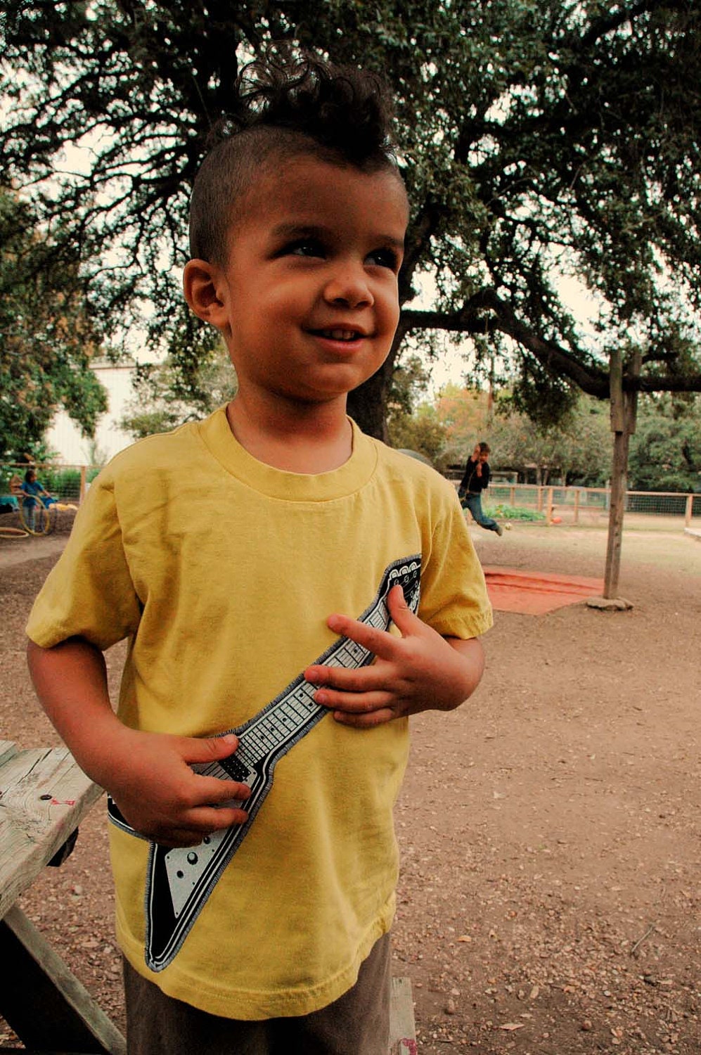 Flying V Guitar T-shirt- Organic Mustard Golden Yellow Kids Shirt Screenprinted and Stitched