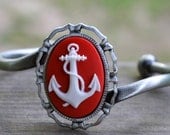 Anchor Bracelet - Nautical - Ocean - Beach - Navy - Sailor - Antique Silver - You Pick the Cameo Color - Pinup - Gifts Under 25