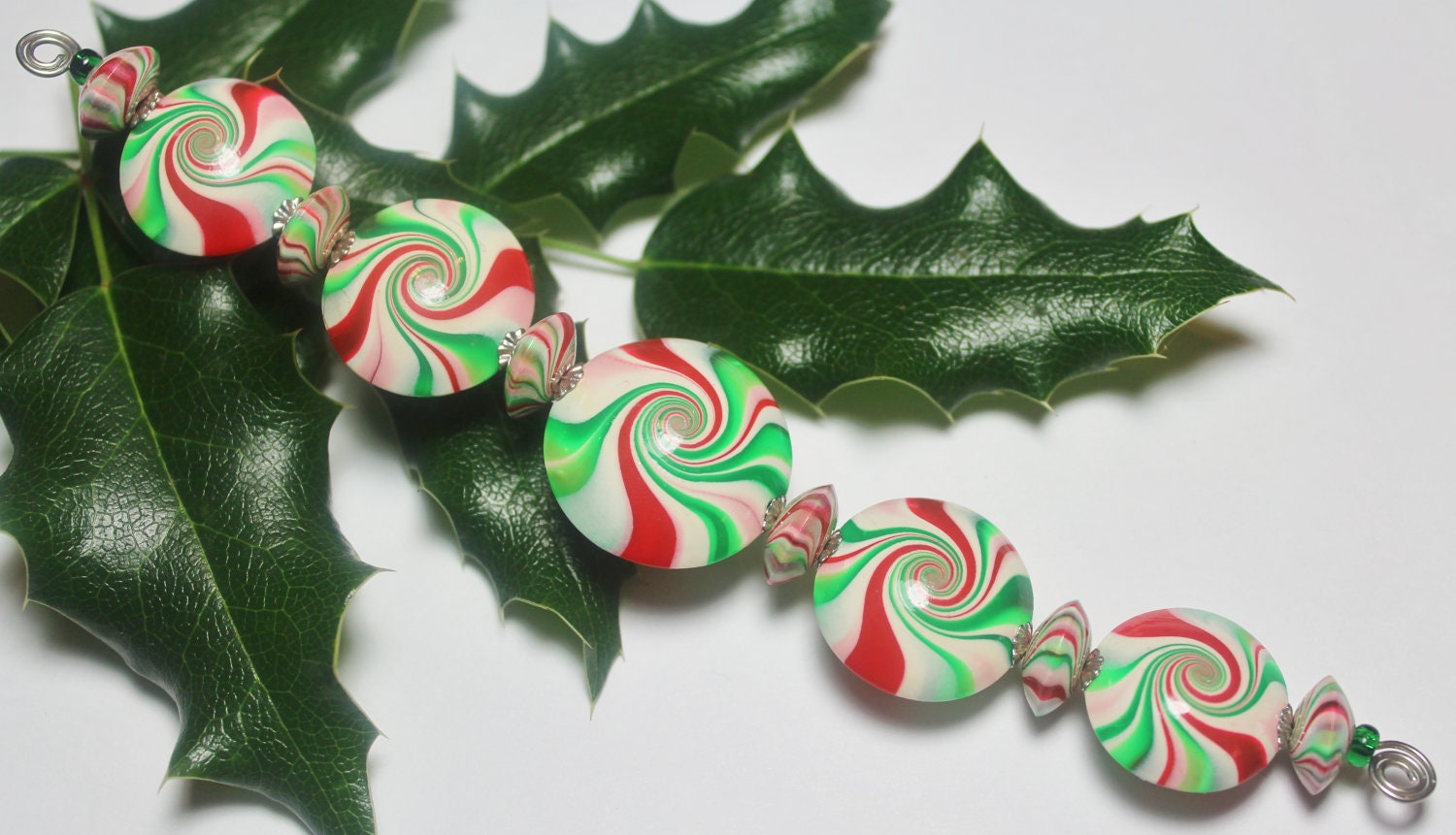 Handmade Polymer Clay Beads Set Lentils Saucers Swirl Spiral Red Green White Silver Bead Caps Jewelry Supplies Christmas...Holiday Candies
