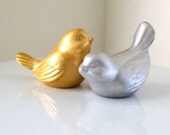 Ceramic Love Birds Silver Gold Metallic Hand Painted Ceramic Home Decor Woodland Cake Topper