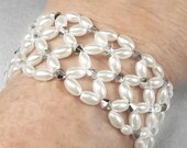 Pearl Bridal Bracelet, White Pearl and Silver Swarovski Crystal Stretch Bridal Bracelet, Bridesmaid Pearl Bracelet - Aimee (WB0126)