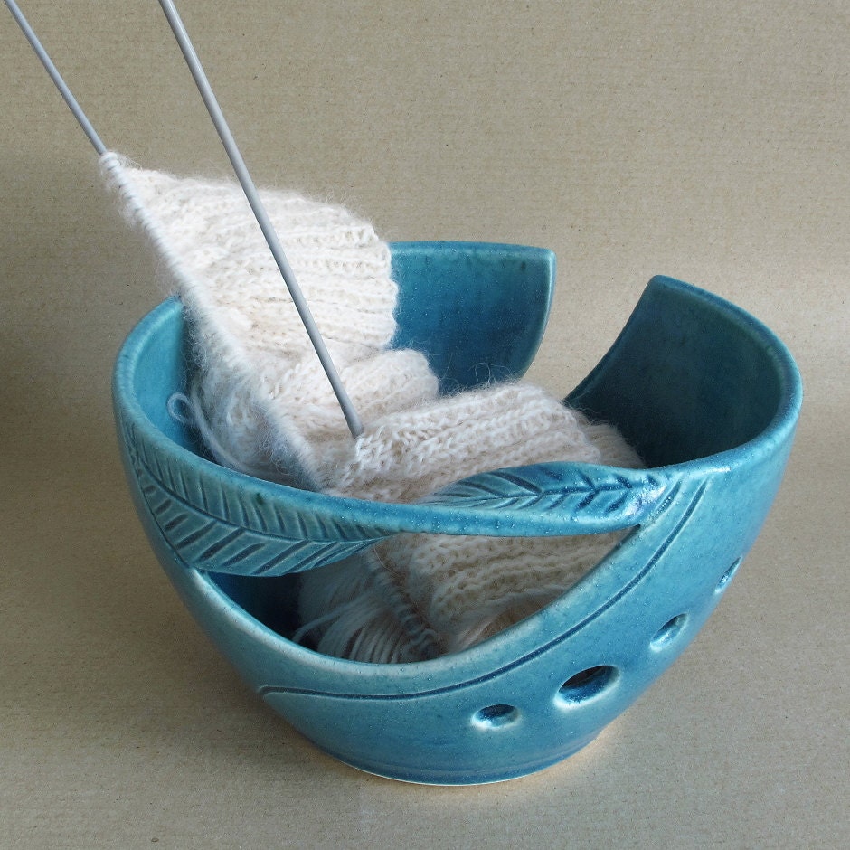 New Matte Denim Blue Yarn Bowl, Knitting Bowl, POTTERY ceramic twisted leaves stoneware knitter gift yarn holder Handmade ceramics