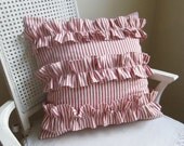 Ruffled red ticking stripe pillow cover