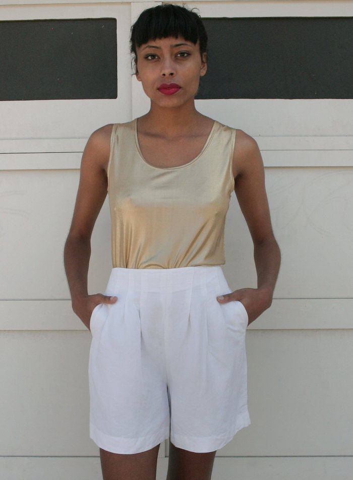 Vintage 1980's Linen High Waist White Sailor Shorts S/M