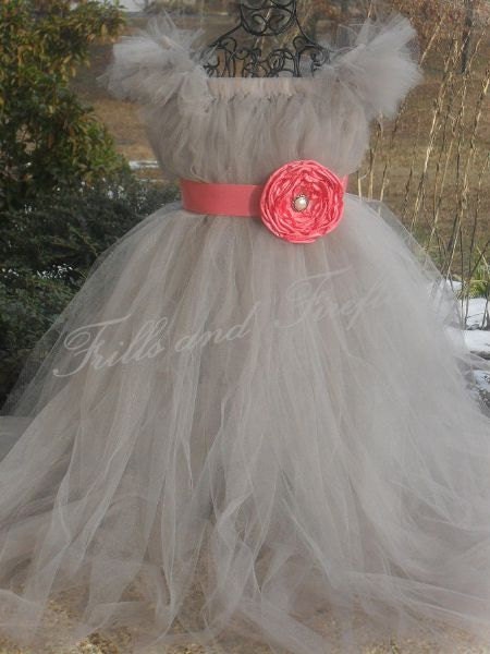 Silver Grey Flower Girl Tutu Dress with Coral Sash and Flower.. Great for Weddings, Party Dress, Costume,   Can be made in Other Colors