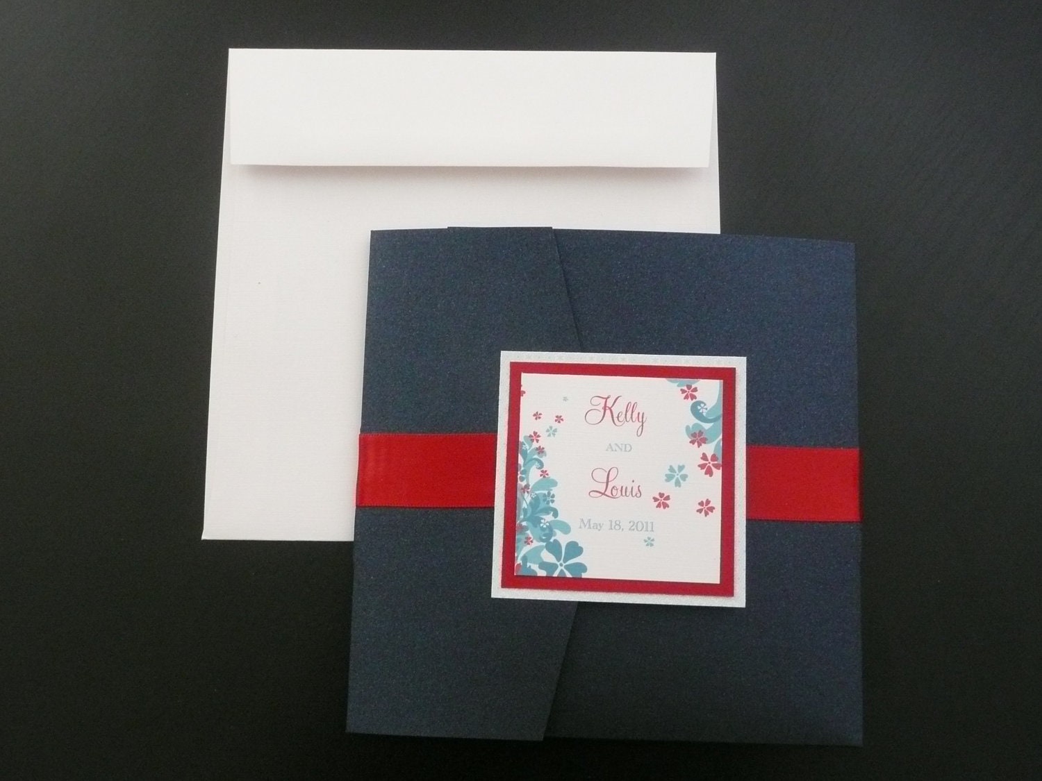 Red and Navy Wedding Invitation Sample, Island Song Pocketfold