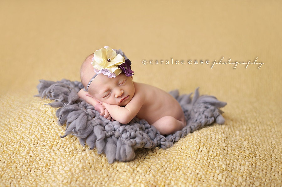 Zest is More- lavender, plum, grey and yellow silk, chiffon flower and lace headband