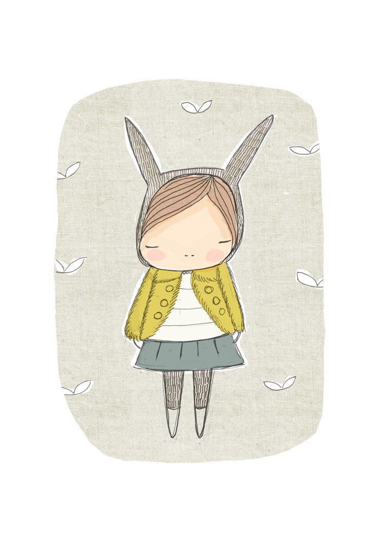 Wall Art - Animal Wall Art - Bunny Rabbit with Yellow Coat - Art Print 8x10 Children's Room