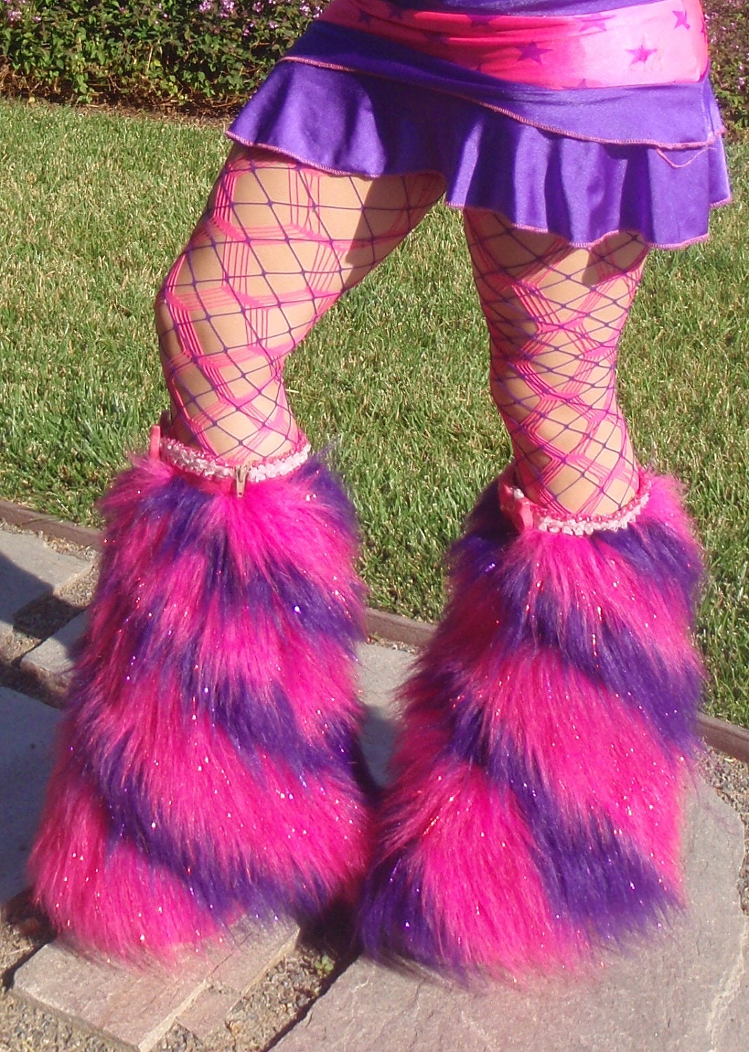 Furry Boot Covers - UV Reactive, Sparkle Pink & Purple Kandi Kane Style, Go Go Fluffies