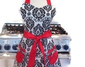 Retro Apron - Vintage Inspired Black and White Damask with Red Ties  - Reversible Apron for Women