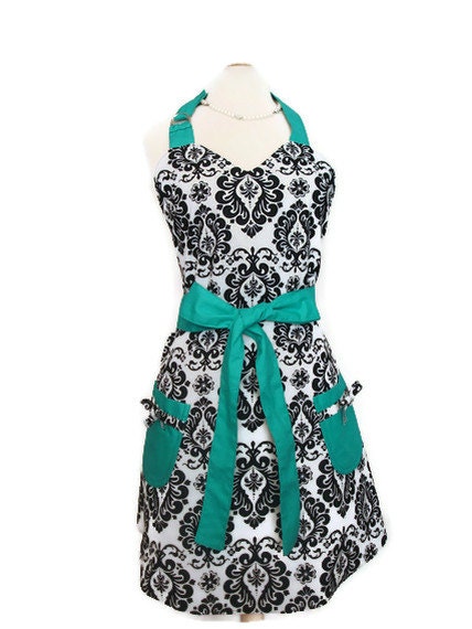 Retro Apron - Black and White Damask Apron with Teal Ties - Full Hostess Reversible Sweetheart Apron for women