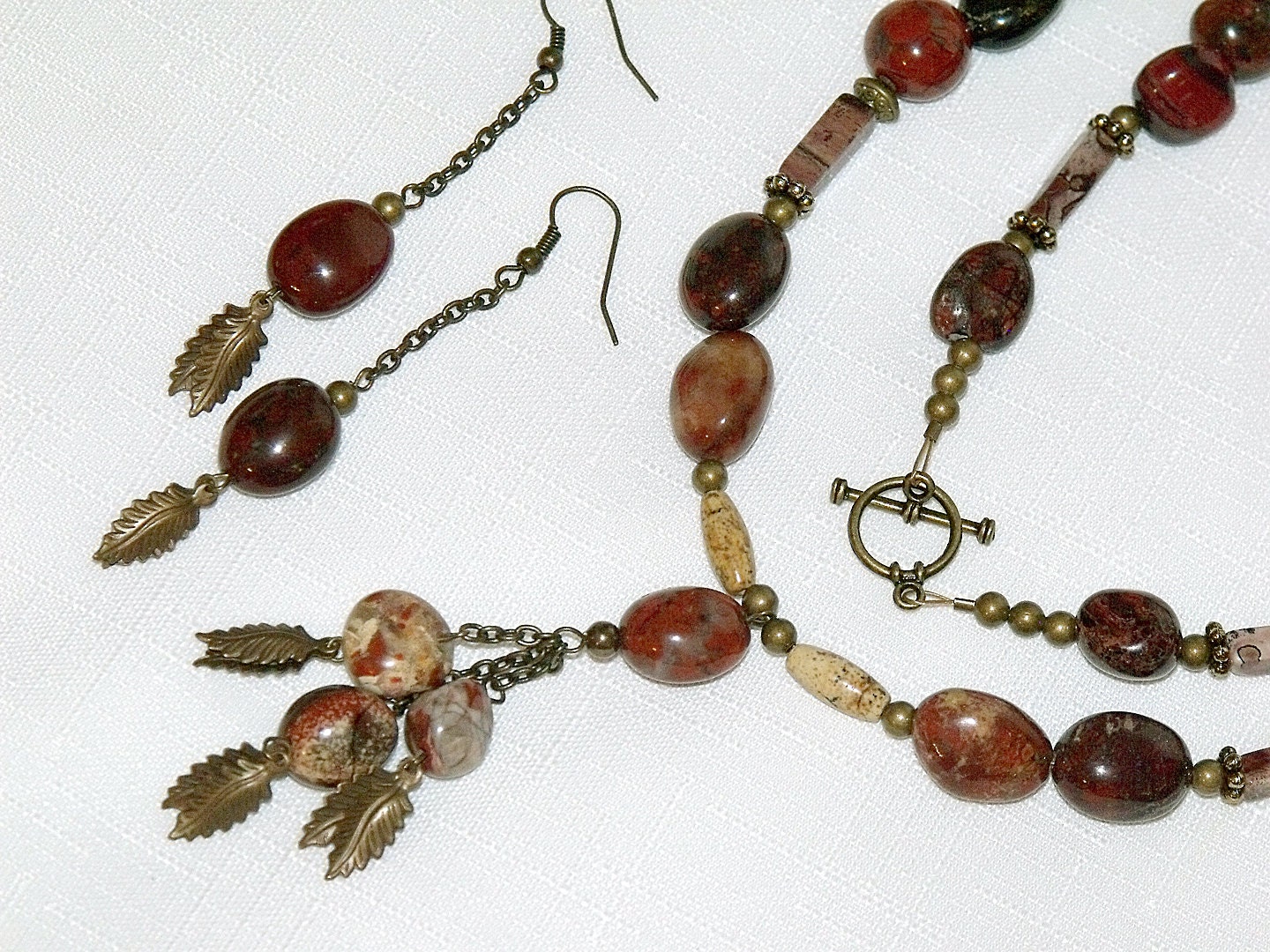 Long Jasper Nugget Bead Necklace and Earrings - Mixed Stone Red Brown Yellow and Bronze with Tassel Pendant