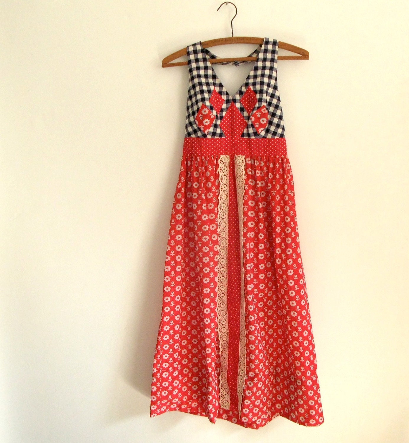 1960s vintage maxi halter dress - eloise curtis for happenstance - red white blue - gingham lace floral print - small medium