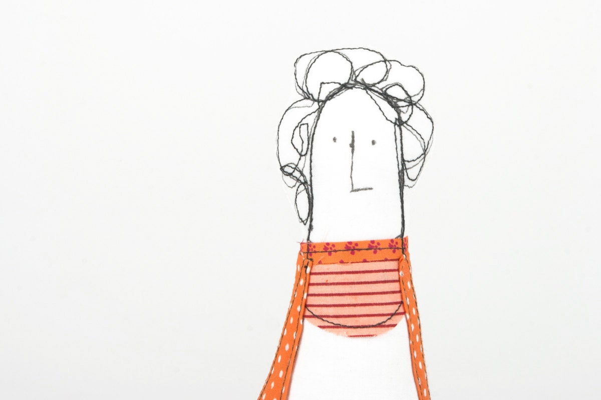 Mother , aunt, friend or grandmother -  Curly woman  Handmade cloth doll Dressed in orange dotted stripes and floral