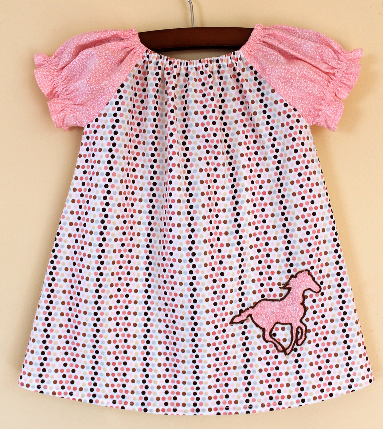 Baby Peasant Dress Pink horse on polka dots Size 9 to 12 months