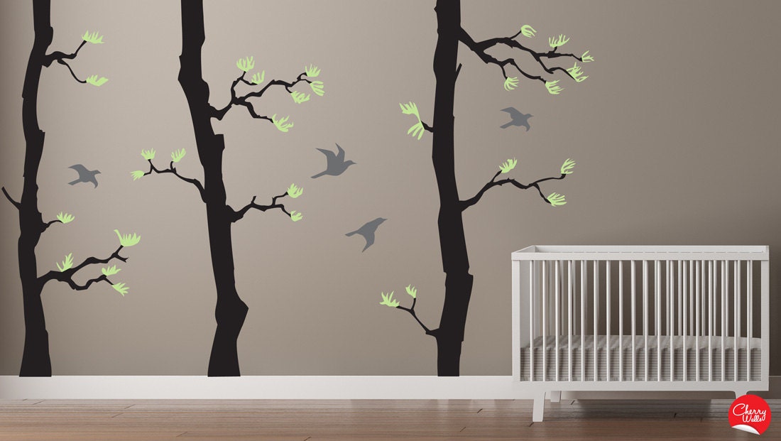 Forest  wall decal green Pine Trees with 4 birds - Removable Wall sticker. Urban forest SKU 1502