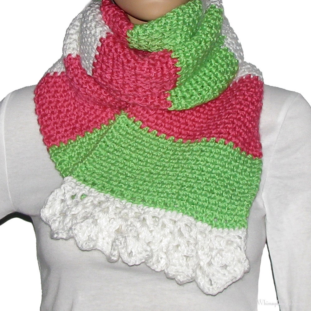 Peppermint Stripe Crocheted Scarf Hot Pink Lime Green White