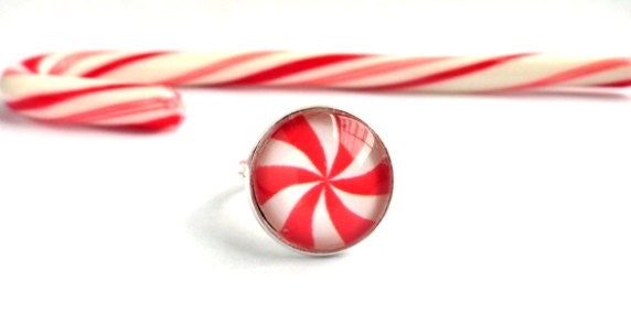 Peppermint ring - candy cane stripe, red white swirl - Christmas holiday stocking stuffer, for her, gift under 25 - adjustable - KatieBelleDesign