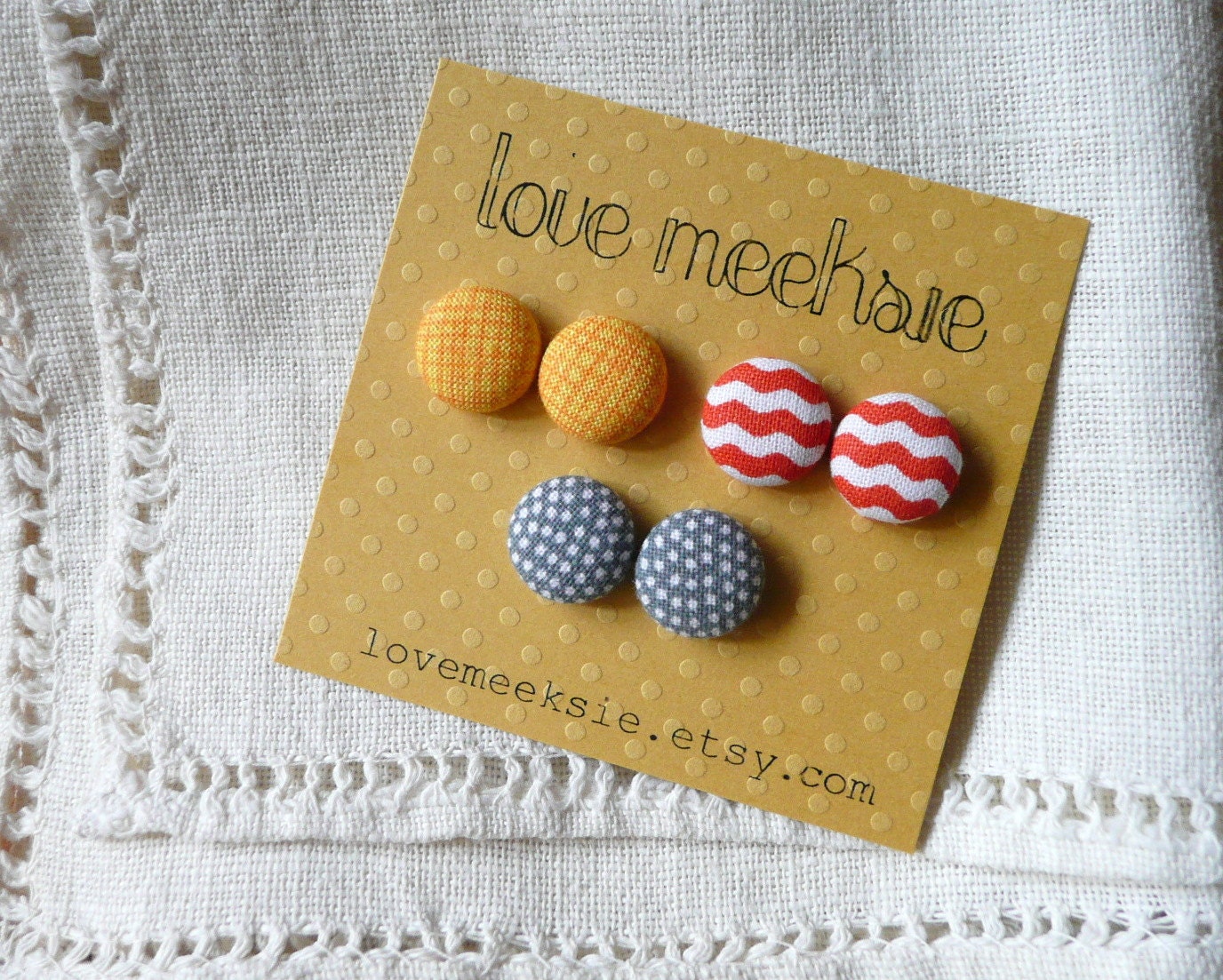 patterned fabric covered button earrings - half inch size small button studs- set of 3