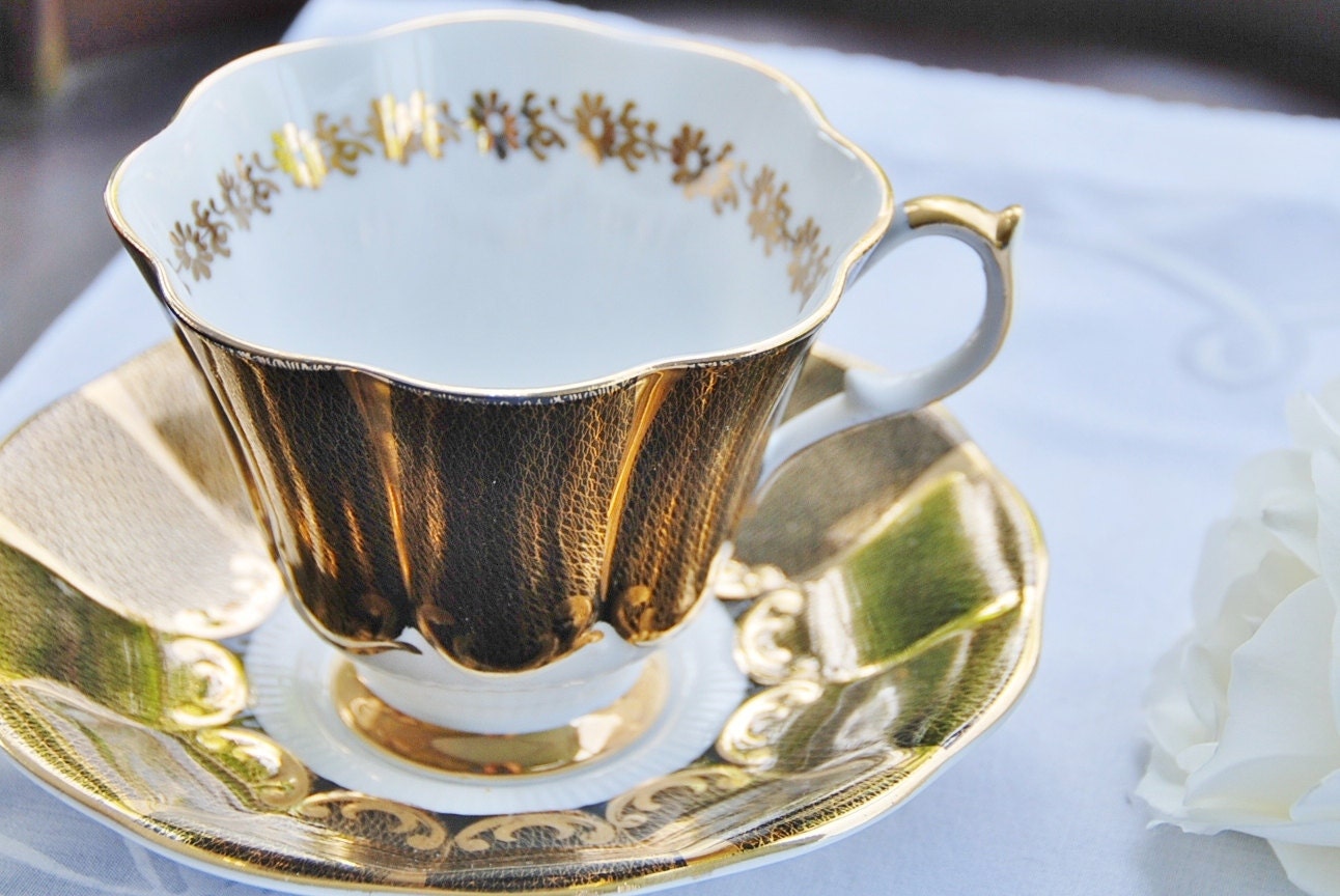 Vintage Queen Anne Tea Cup and Saucer, Glowing Black and Gilt, England