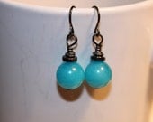 Little simple modern Aqua Blue Jade  hematite gunmetal dangle Earrings  - Ready To Ship