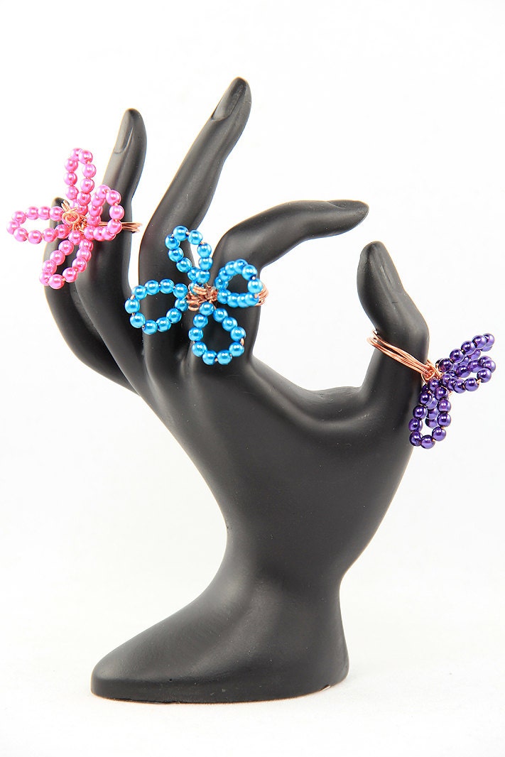 Wire Wrapped Pearl Flower Ring in Bright Teal
