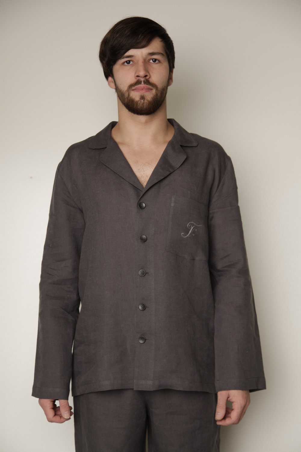 Just Classical Linen Pajama Shirt for Men With Embroidered Monogram